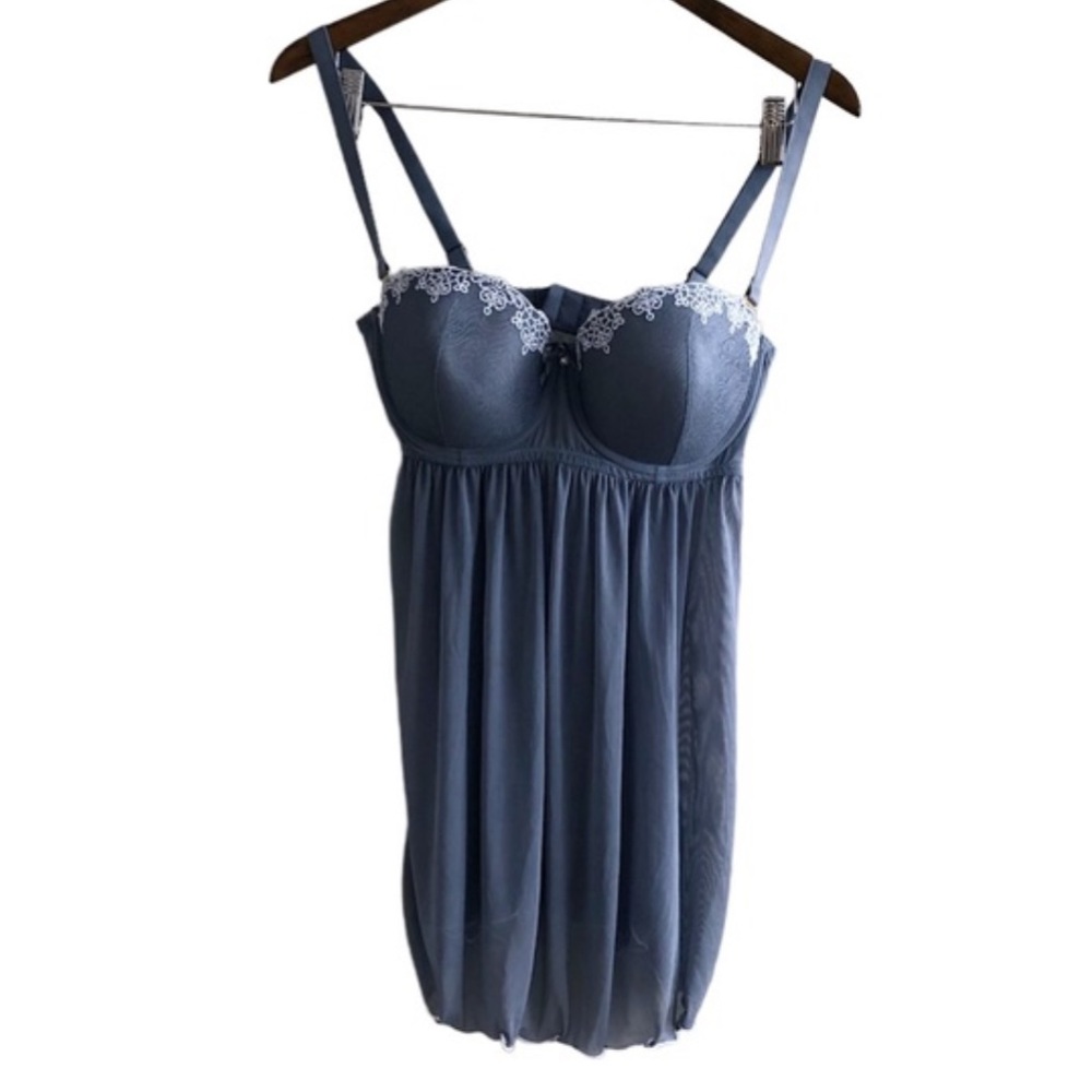 Affinitas Lace Bra Top Semi Sheer Sexy Chemise Babydoll Lingerie Top Blue 36D